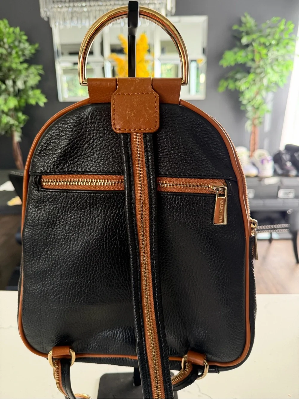 Valentina Black and Tan Leather Backpack with Gold Hardware